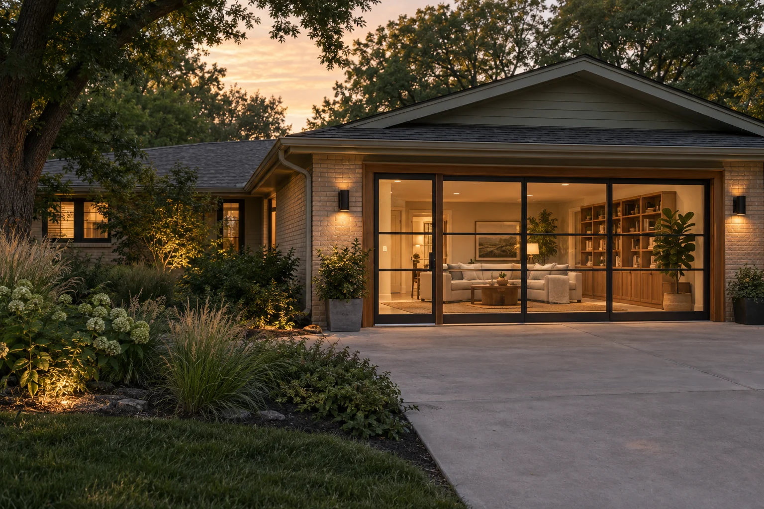 Concept visualization of a ranch home's garage converted into a warm family room behind a glazed facade