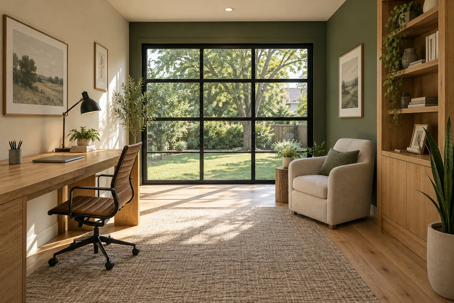 Original concept of a compact garage conversion with an oak desk, reading chair and generous natural light